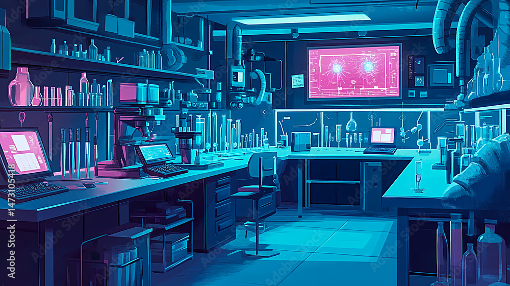Poster hyper-modern labs filled with advanced technology, holographic interfaces, robotic assistants, and e