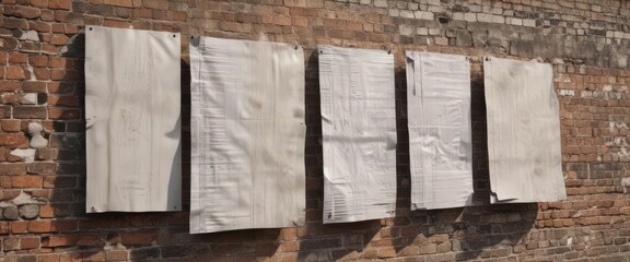 Close-up of multiple glued paper posters on a weathered urban wall, different sizes and angles ,  mockup,  grunge,  advertisement
