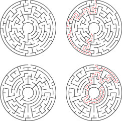 Four round labyrinth puzzles two unsolved and two showing correct path through a complex circular maze design for problem solving