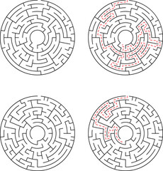 Circular mazes with solutions illustrated depicting problem solving concepts and demonstrating the pathfinding process