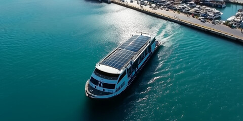 Innovative solar-powered vessel showcasing renewable energy solutions harbor aerial view sustainable technology