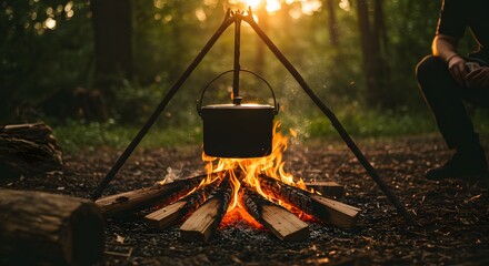 Campfire under tripod cooks in forest with sunlight and nearby seated person.