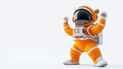 A jubilant cartoon astronaut in an orange spacesuit celebrates a successful mission against a white background.