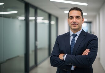 Fototapeta premium Confident businessman standing with arms crossed in office hallway