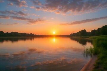 Naklejka premium Beautiful summer sunrise over lake Desktop Wallpaper - Generative Ai, 