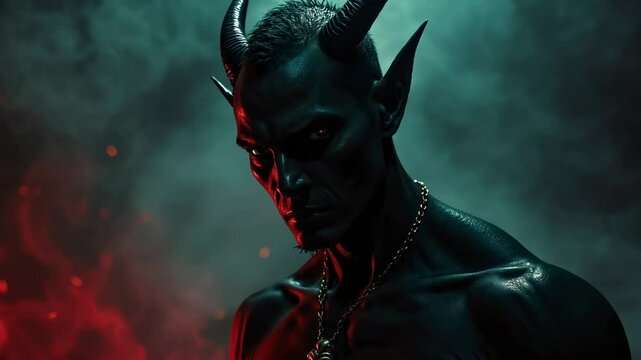 Demonic creature with horns in dark, smoky atmosphere. Scary fantasy monster for Halloween horror movie poster or book cover design. Eerie underworld concept.