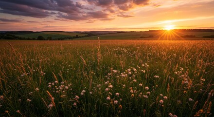 Vibrant Sunset Over a Wildflower Meadow