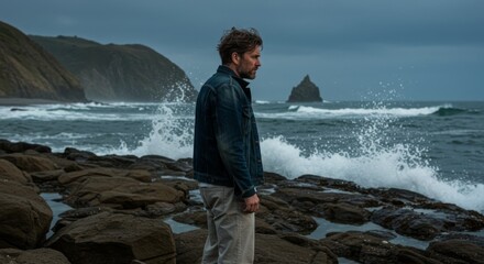 Contemplative Man on Rocky Coastline Watching Ocean Waves