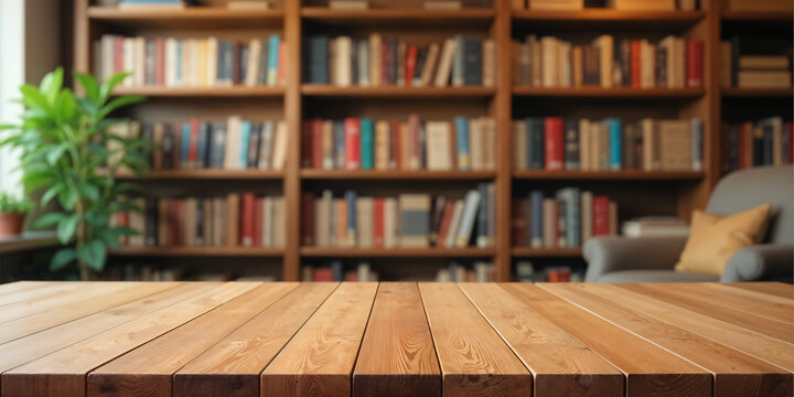 A cozy library scene featuring a wooden table in the foreground and a blurred background of richly colored bookshelves filled with books.
