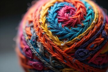 Close-up of a colorful stitched ball, intricate details visible Various thread colors and textures , colorful threads, craft project, textile art
