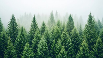 Misty evergreen forest, dense coniferous trees, aerial view.