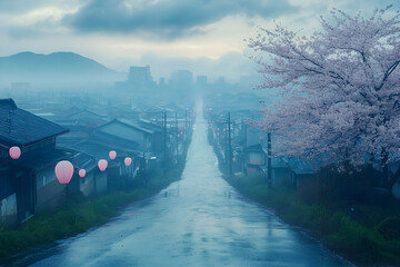 Fototapeta premium Misty spring road through town