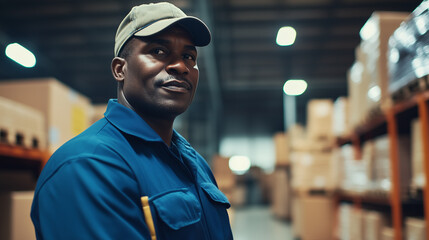 Fototapeta premium A focused warehouse worker in blue uniform, embodying dedication in industrial labor