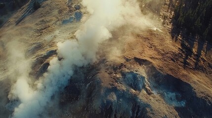Fototapeta premium High-angle view of steaming geothermal landscape.