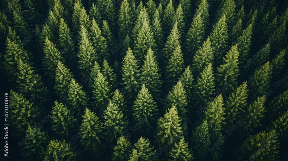 Poster aerial view of a dense evergreen forest with uniform trees.
