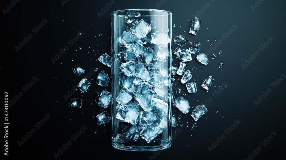 Poster tall glass filled with crushed ice and water splashing outward creating dynamic motion and refreshin