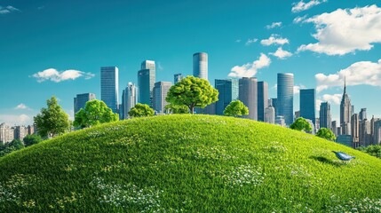 Fototapeta premium Sustainable urban development featuring lush green hills and city skyline