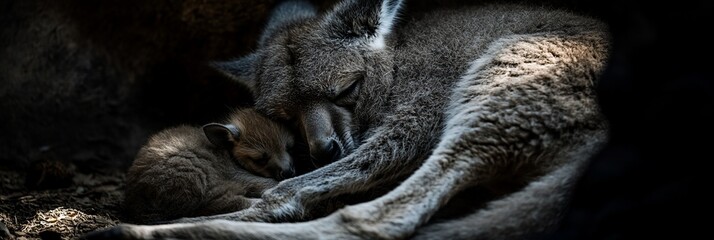 Mother lemur cuddling her baby in a dark cave.