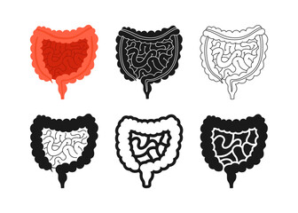 Human intestine anatomy cartoon symbol set. Anatomical small and large intestine digestion sign icon on white background. Drawing human body organ for medical infographic design vector illustration