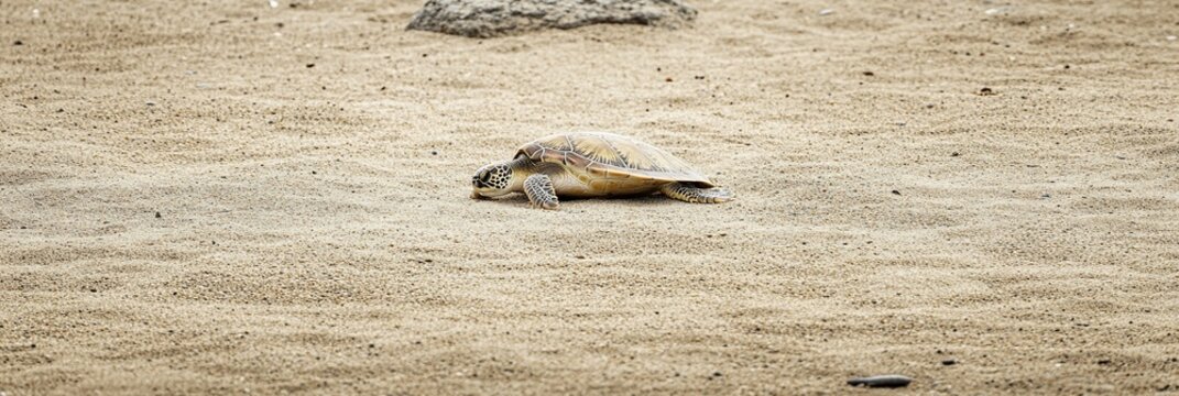 Sea turtle resting on sandy beach. - Powered by Adobe