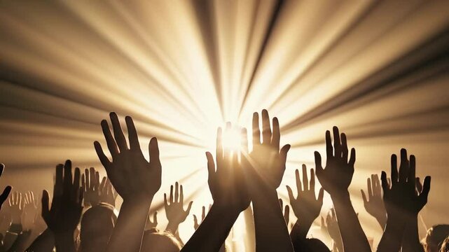 Silhouettes of raised hands reaching toward radiant golden light beams in the background. This powerful and energetic animation evokes themes of worship, celebration, unity, or revival &mdash; ideal for rel