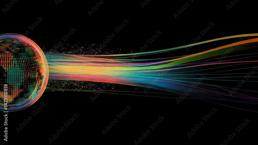 Poster abstract digital sphere illuminated with colorful waves and particles