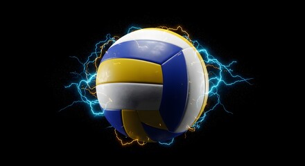 Illustration of volleyball with electric aura, digital art style on black background