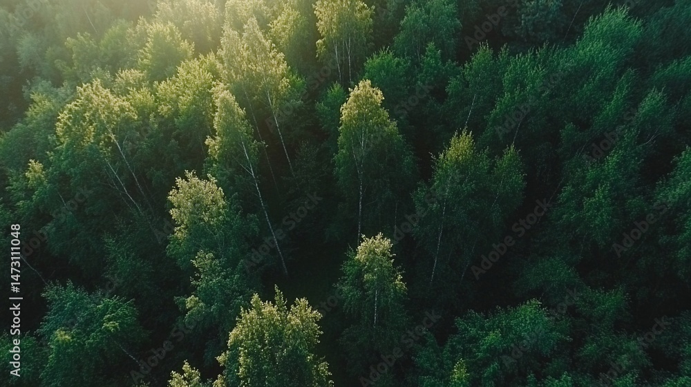 Poster aerial view of a lush green forest with sunlight filtering through the trees.
