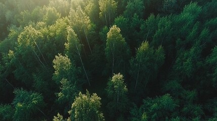 Aerial view of a lush green forest with sunlight filtering through the trees.
