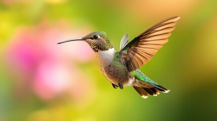 Fototapeta premium Hummingbird soaring gracefully against a softly blurred floral backdrop