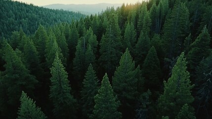 Aerial view of a lush evergreen forest at sunset, showcasing the dense canopy and tall trees on a hillside.
