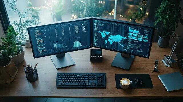 Dual Monitor Setup with Data Analytics and Coffee on Wooden Desk
