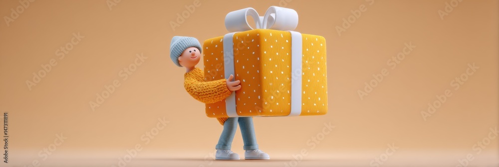 Aufkleber 3d character joyfully carrying a large yellow gift box in a cheerful environment during the festive 