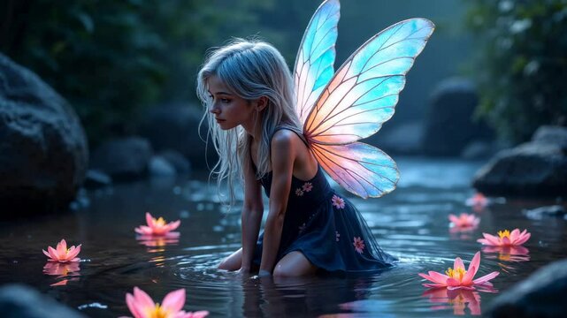 Magical fairy woman with glowing wings in enchanted forest stream. Fantasy creature among lotus flowers. Mystical scene for fairytale book illustration