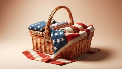 Wicker picnic basket mockup styled for American Independence Day with patriotic cloth, isolated on neutral surface