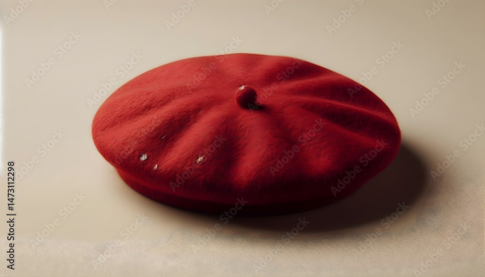 Poster flat-lay of a soft wool red beret in french style, isolated on clean beige background with simple co