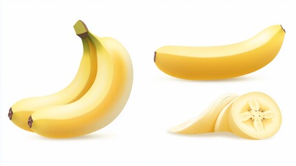 Three views of ripe yellow bananas; a bunch, a single banana, and sliced pieces.