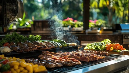 Outdoor grilling station with various meats and vegetables