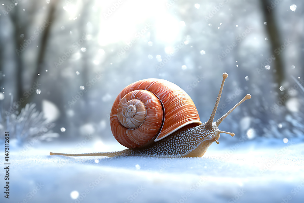 Poster a close-up of a snail gliding over a snowy landscape with soft snowfall in the background