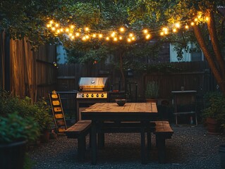 Evening backyard scene with string lights, wooden picnic table, grill, and lush greenery.