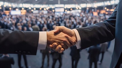 Stock photo concept: A high angle drone shot of two executives shaking hands in a large open air business convention, crowd in the background