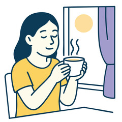 Enjoying warm beverage by window, person relaxes in sunlight