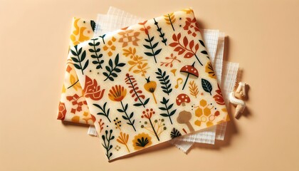 Eco-friendly beeswax wrap mockup with colorful natural print folded neatly, isolated on warm beige background