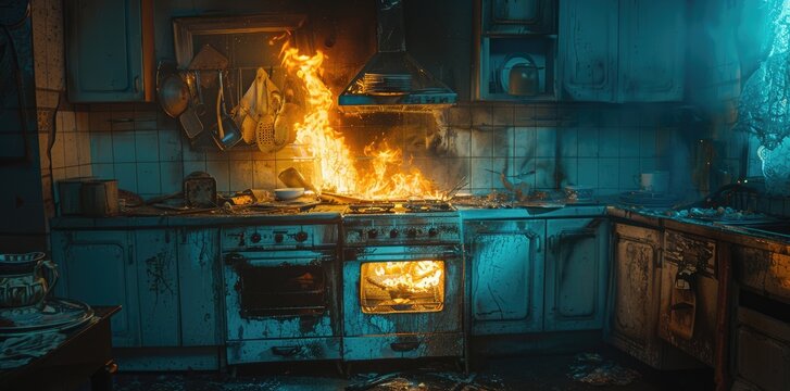 A kitchen engulfed in flames showcases a devastating accident due to potential negligence or a natural disaster. The destruction of the property is evident in the charred remains of the room