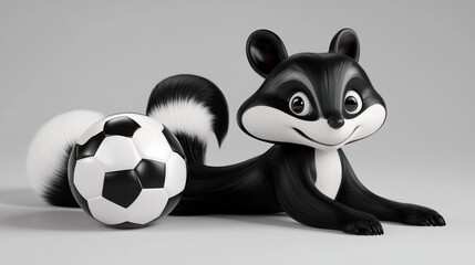 Obraz premium Adorable cartoon skunk lying next to a soccer ball on a light gray background.