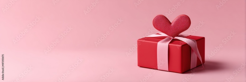 Poster red gift box adorned with heart-shaped ribbon resting on a soft pink surface for special occasions