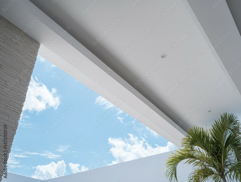 Poster modern architectural design with skylight and open ceiling structure.