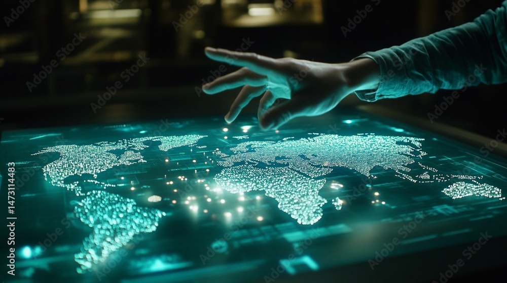 Aufkleber hand interacting with a digital world map on a futuristic interface.