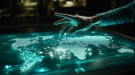 Hand interacting with a digital world map on a futuristic interface.