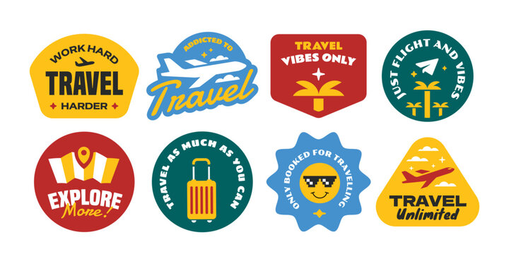 Travel sticker, patch, stamp, badge element collection. Set of vintage and cool travelling symbol.